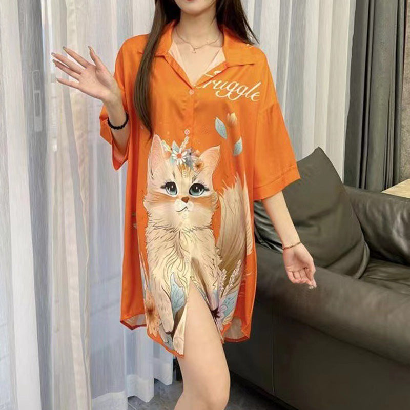 Thin Mid-Length Shirt Pajama Dress