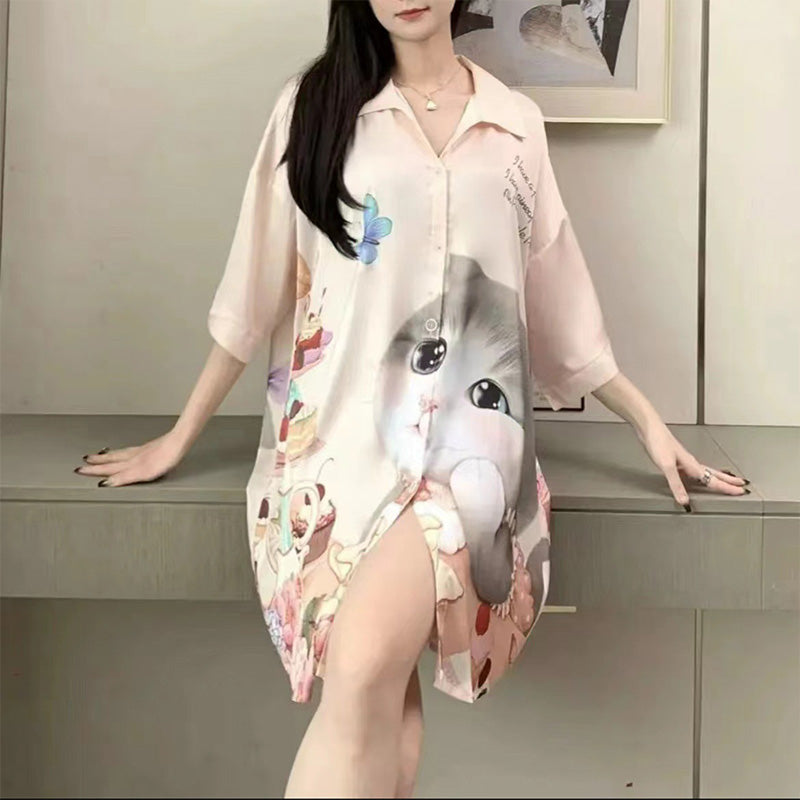 Thin Mid-Length Shirt Pajama Dress
