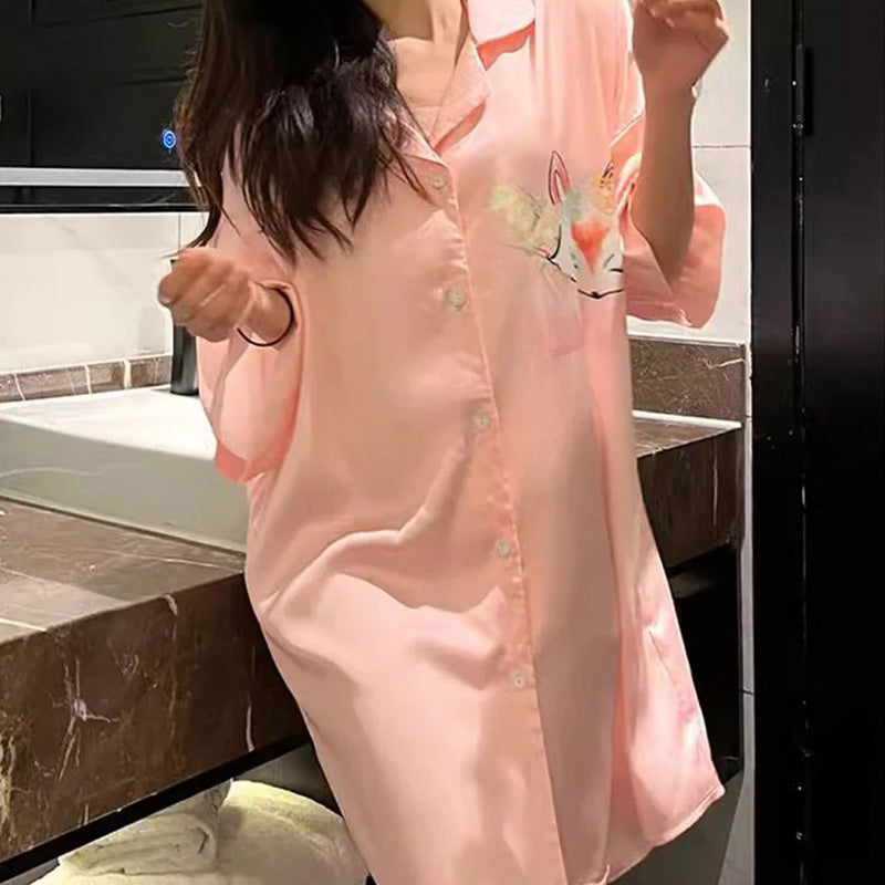Thin Mid-Length Shirt Pajama Dress