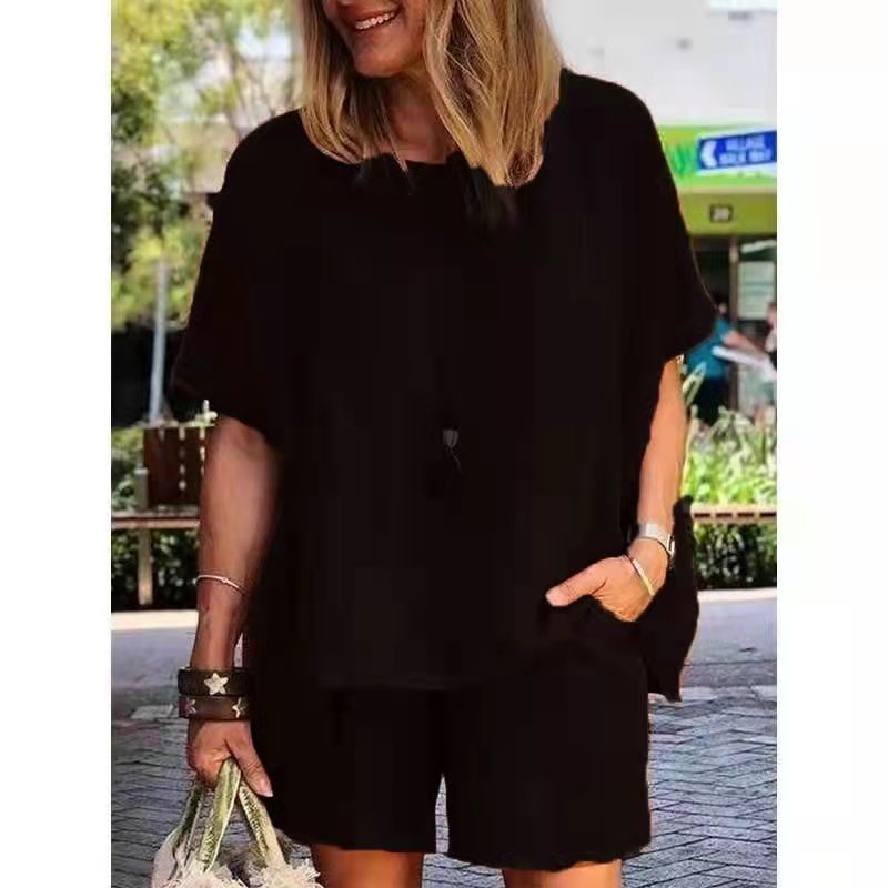 Solid Color Elastic Waist Suit (Blouse + Pants)