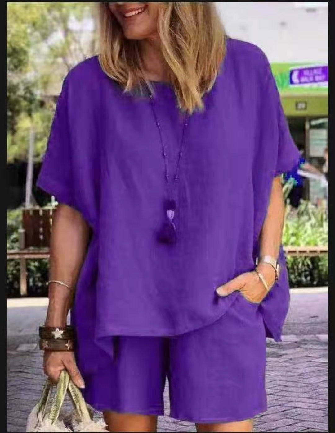 Solid Color Elastic Waist Suit (Blouse + Pants)