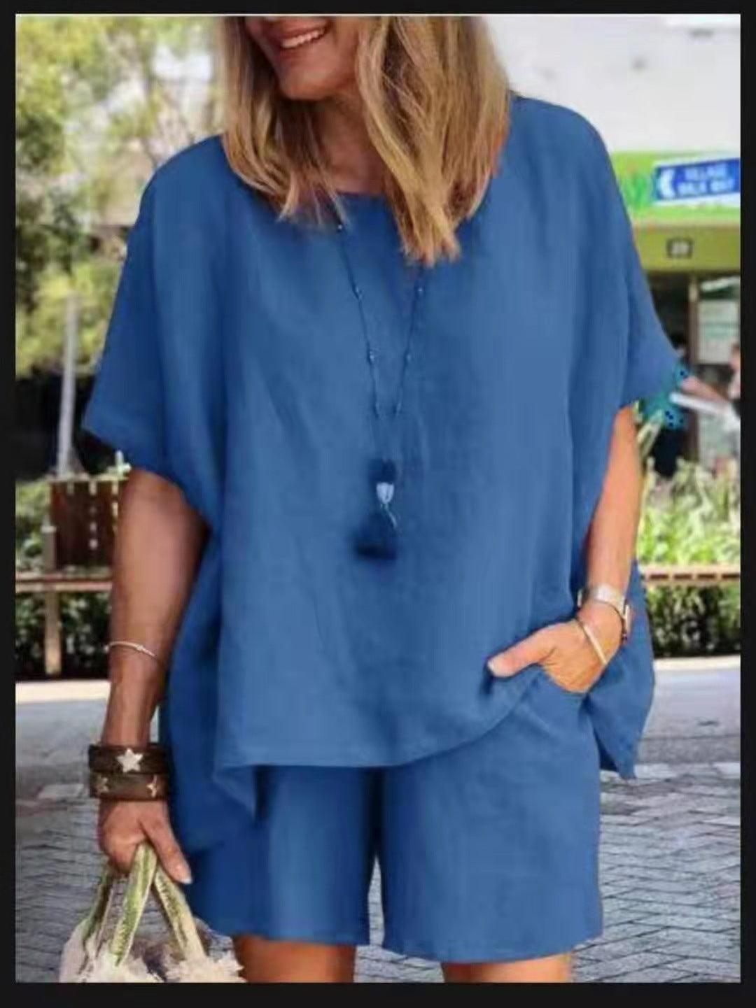 Solid Color Elastic Waist Suit (Blouse + Pants)