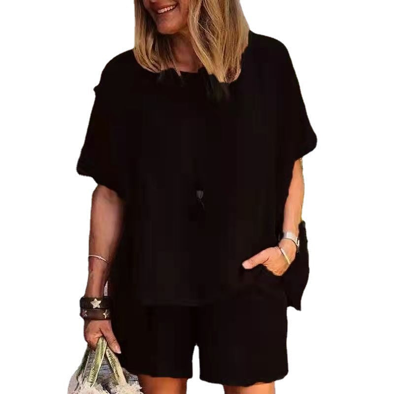 Solid Color Elastic Waist Suit (Blouse + Pants)