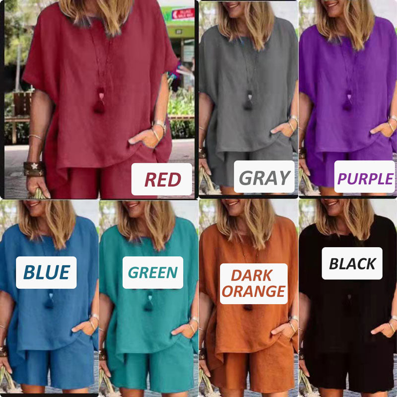 Solid Color Elastic Waist Suit (Blouse + Pants)