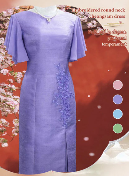 Embroidered Round Neck Cheongsam Dress