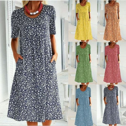 Casual Women Cotton Scoop Neck Floral Dress (8 Colors with Pockets)