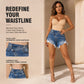 High-Waisted Diagonal-Button Design Raw Edge Ripped Denim Shorts