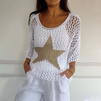 🔥Last Day Promotion 50% OFF🔥💝Women's Fashion Round Neck Crochet Knit Fishnet Top