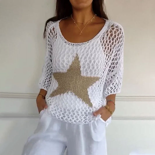 🔥Last Day Promotion 50% OFF🔥💝Women's Fashion Round Neck Crochet Knit Fishnet Top