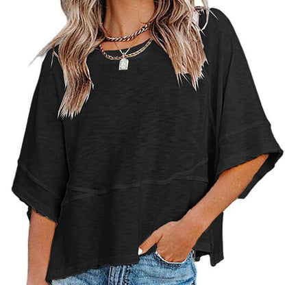 🔥 50% OFF · Women's Solid Color Splicing Loose Five-Point Flare Sleeve T-Shirt ✨