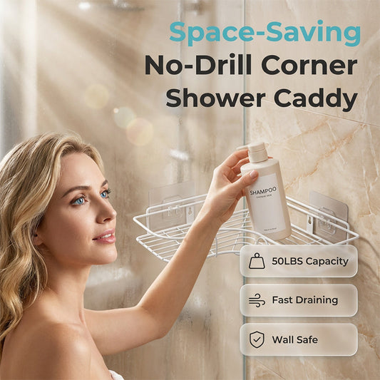 🚿 Borrfri duschhylla för hörn – Utrymmesbesparande | SPARA 50% idag!