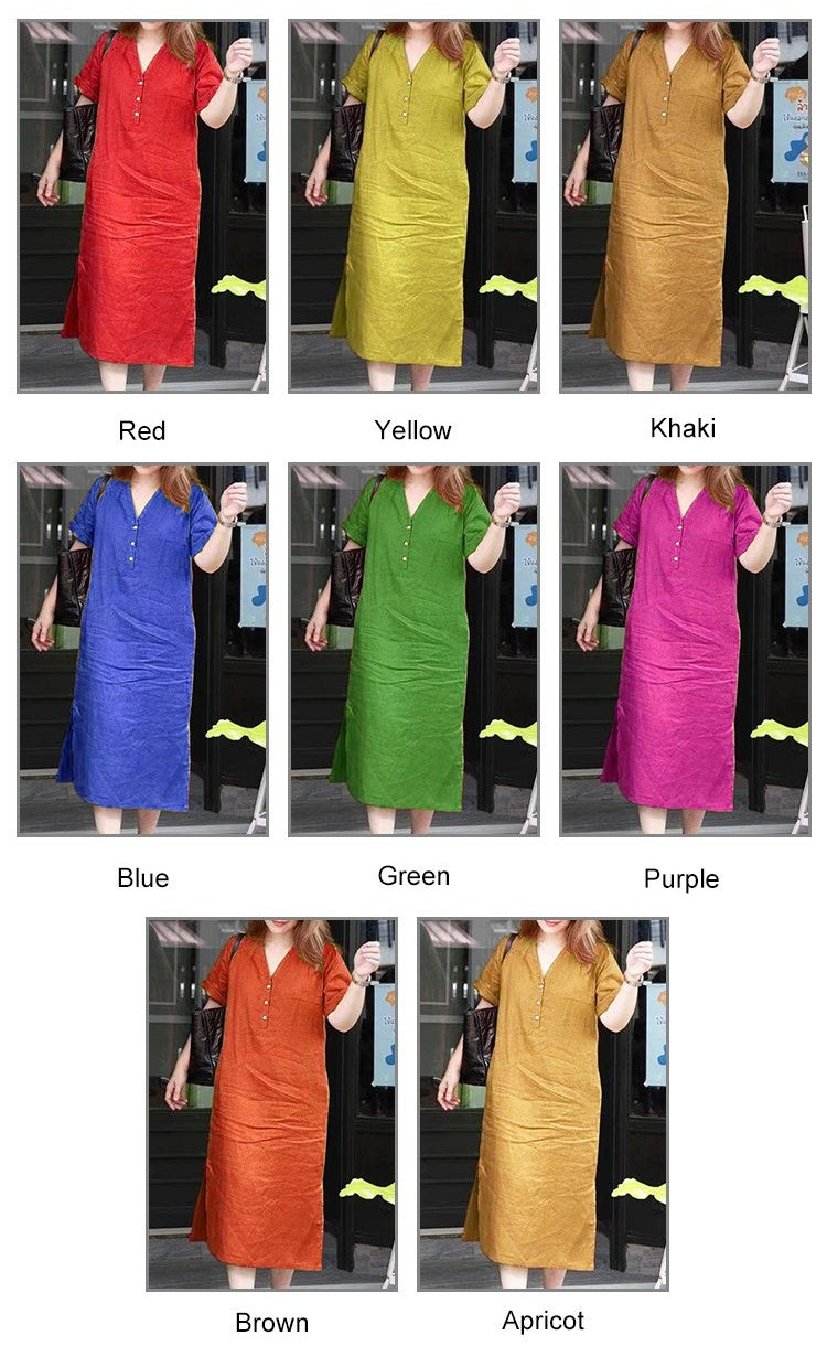 Solid Color Cotton Linen V-neck Dress