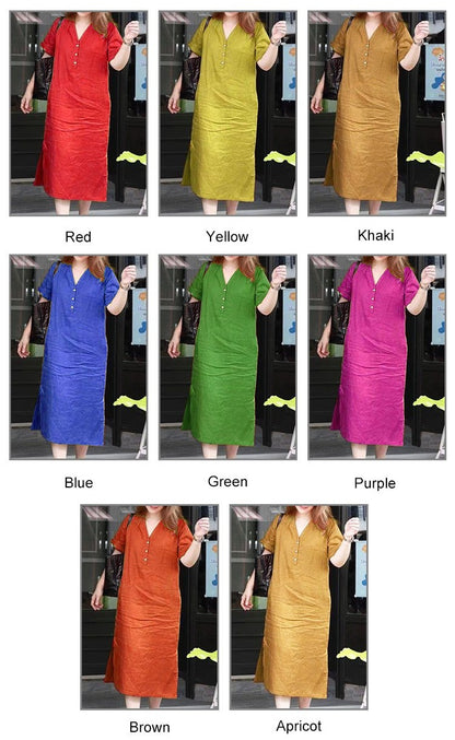 Solid Color Cotton Linen V-neck Dress
