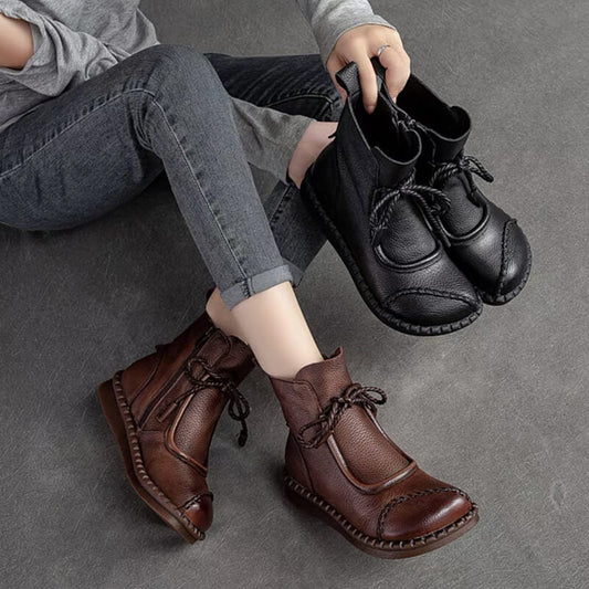 Women's Vintage Hand-Stitched Low Heel Round Toe Boots