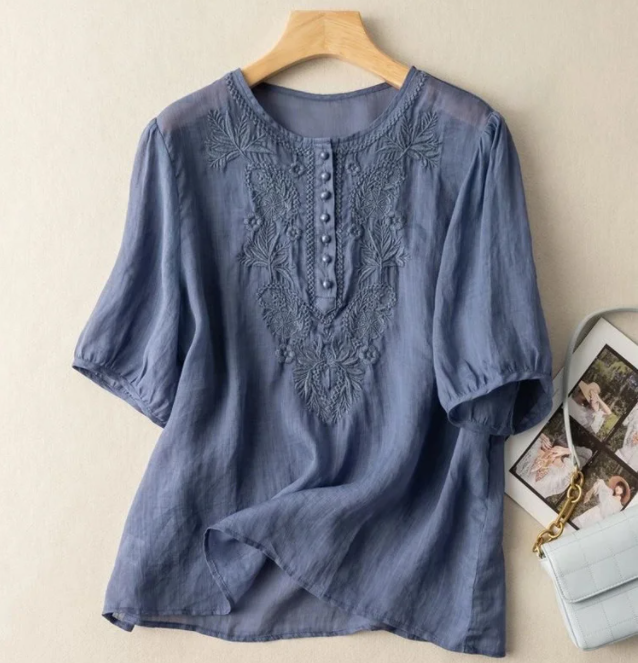Loose Design Embroidered Round Neck Cotton Linen Ladies Top