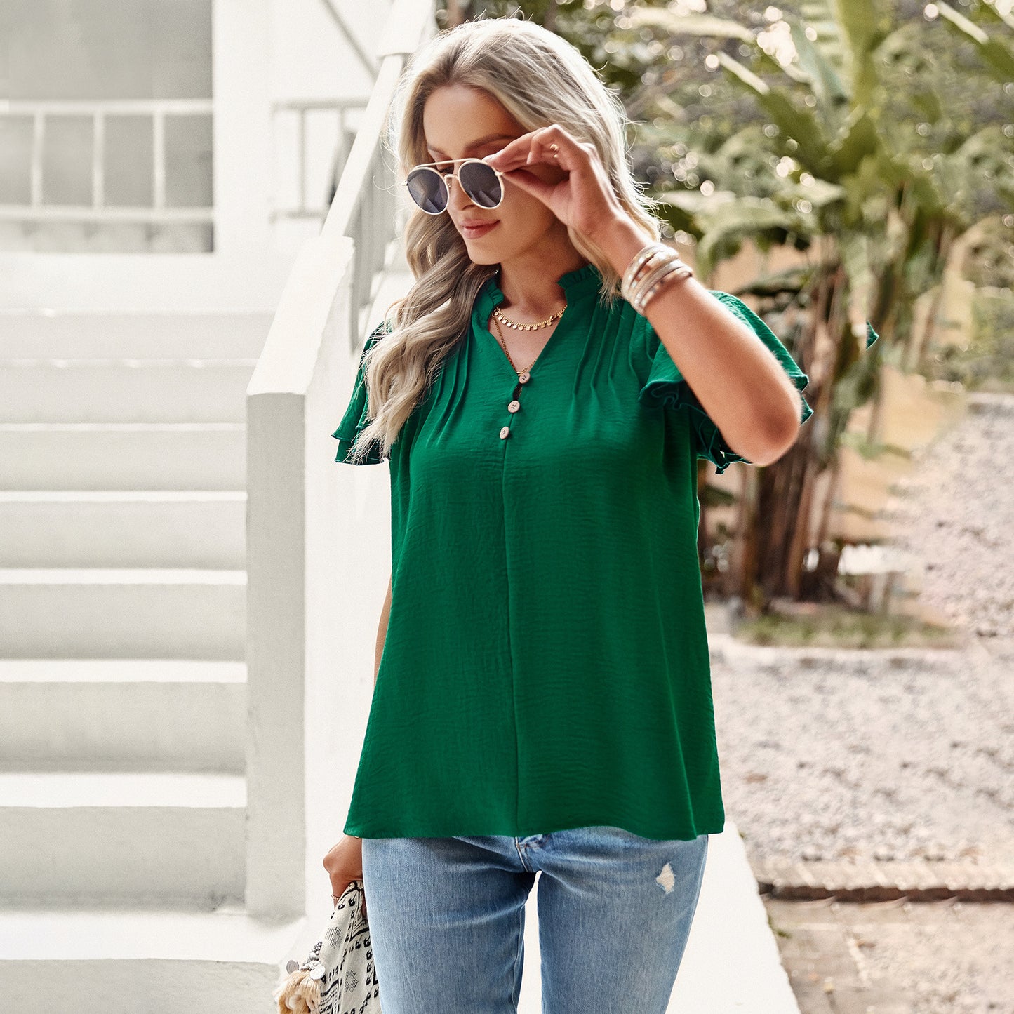 Summer V-neck ruffle short-sleeved shirt