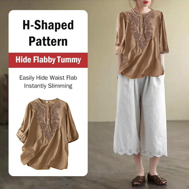 Loose Design Embroidered Round Neck Cotton Linen Ladies Top