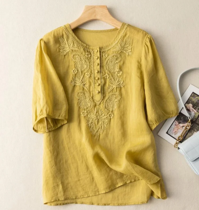 Loose Design Embroidered Round Neck Cotton Linen Ladies Top