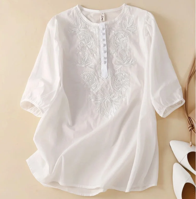 Loose Design Embroidered Round Neck Cotton Linen Ladies Top