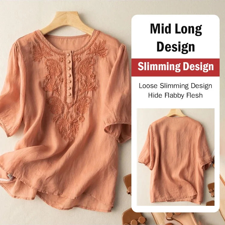 Loose Design Embroidered Round Neck Cotton Linen Ladies Top