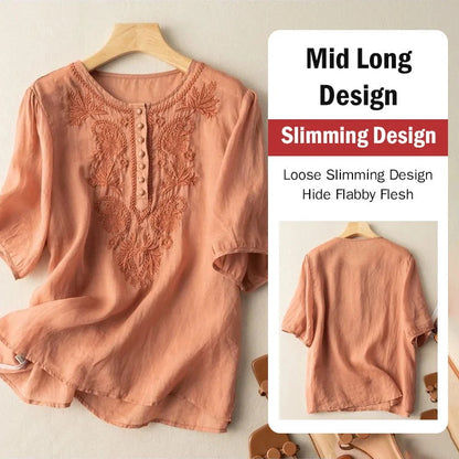 Loose Design Embroidered Round Neck Cotton Linen Ladies Top