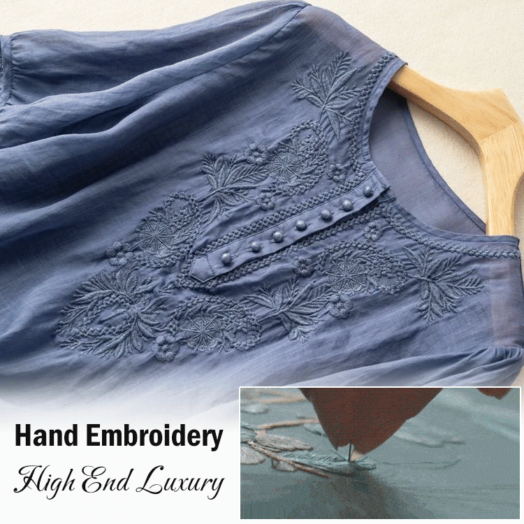Loose Design Embroidered Round Neck Cotton Linen Ladies Top
