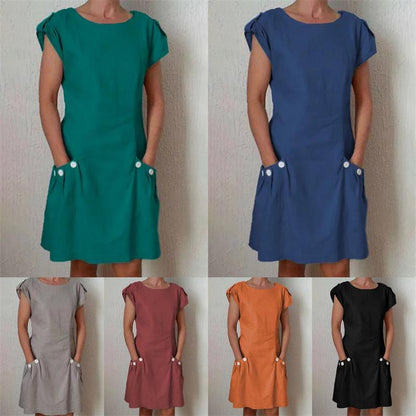 Solid Color Pocket Button Dress