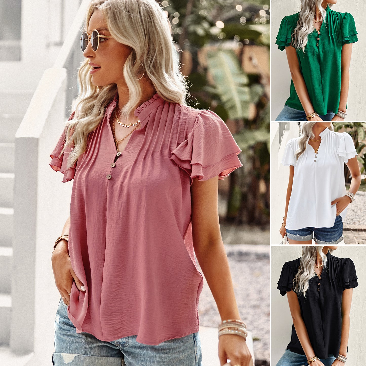 Summer V-neck ruffle short-sleeved shirt