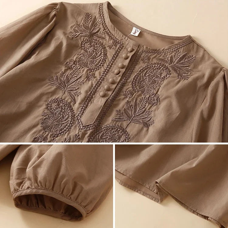 Loose Design Embroidered Round Neck Cotton Linen Ladies Top