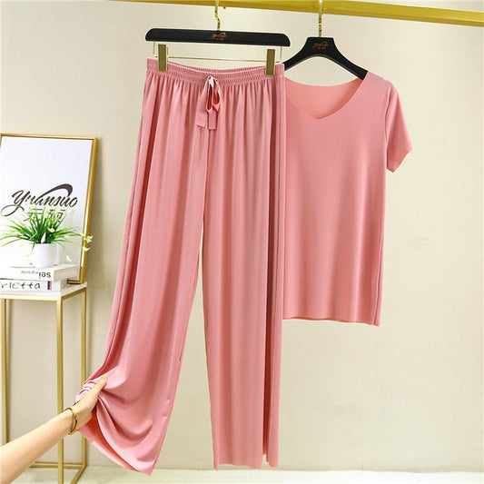 🔥 Buy 2 Free Shipping 🔥Soft Comfortable Ice Silk Short Sleeve T-Shirt Two Piece Set Loose Wide-leg Pants