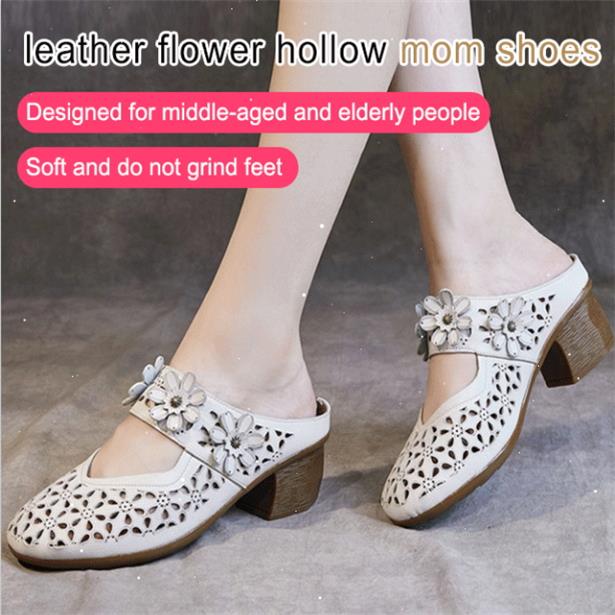 Women’s Casual Outer Wear Leather Sandals Mid-Heel Wedge Heel Hollow Non-Slip Wrap Toe Slippers Shoe