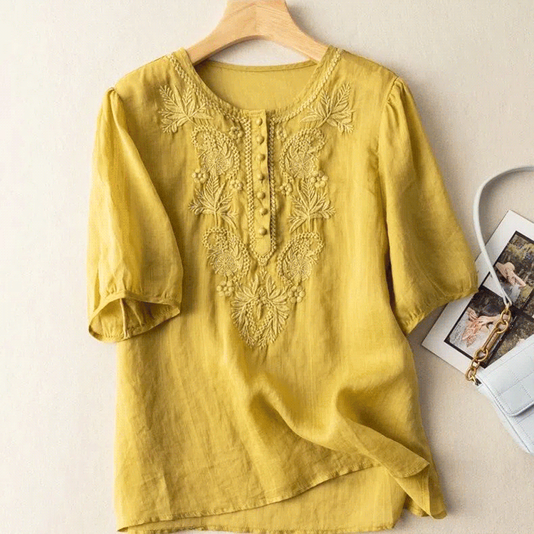 Loose Design Embroidered Round Neck Cotton Linen Ladies Top
