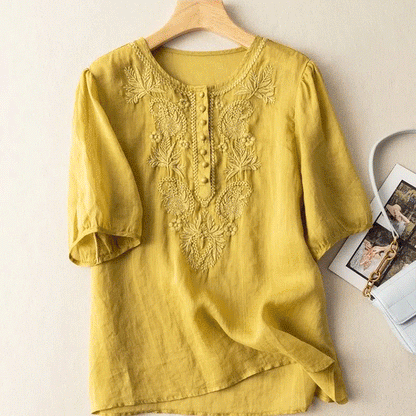 Loose Design Embroidered Round Neck Cotton Linen Ladies Top