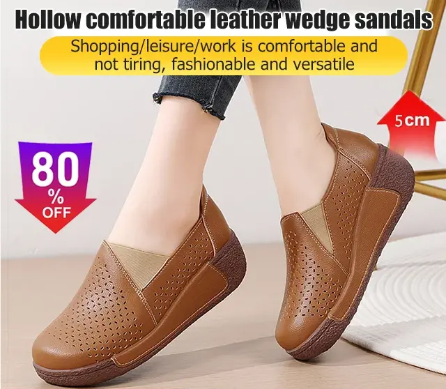 Hollow Comfortable Leather Wedge Sandals