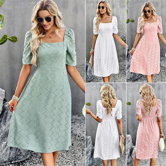 Square Neck Elegant Short Sleeve Long Dress