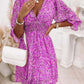 V-Neck Pleated Floral Print Mini Dress
