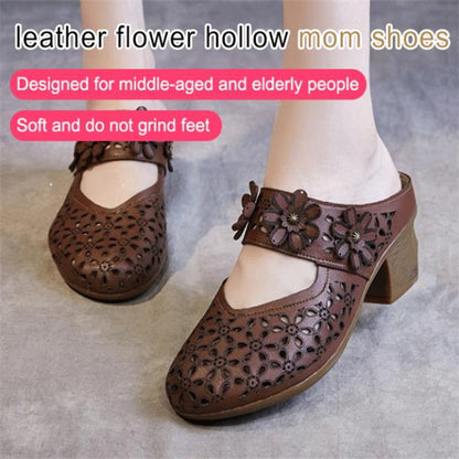 Women’s Casual Outer Wear Leather Sandals Mid-Heel Wedge Heel Hollow Non-Slip Wrap Toe Slippers Shoe