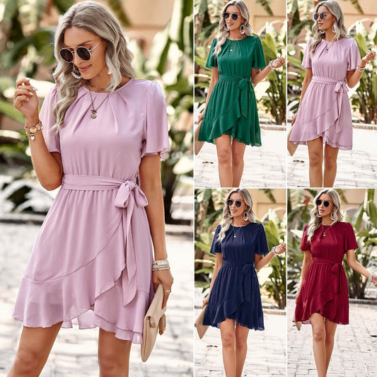 Solid color round neck waist short dress