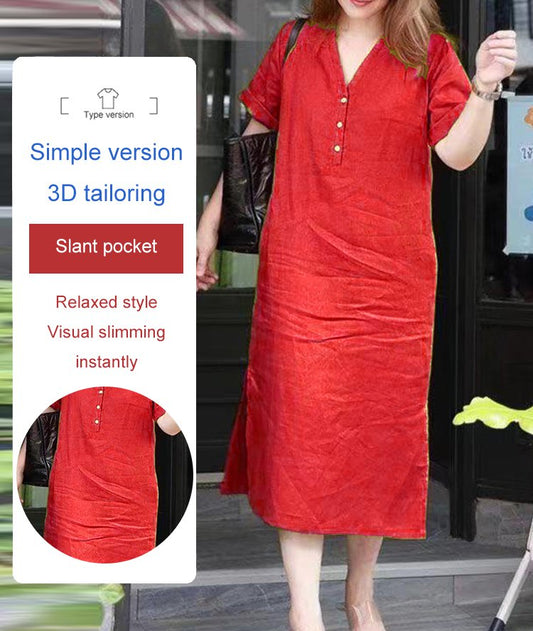 Solid Color Cotton Linen V-neck Dress