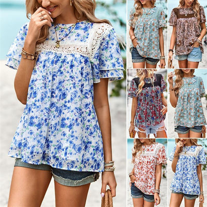 Summer Short Sleeve Round Neck Printed Top