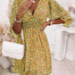 V-Neck Pleated Floral Print Mini Dress