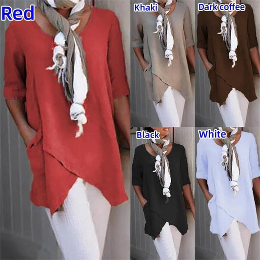2023 Spring Fashion Solid Color Cotton Linen Pocket Tops