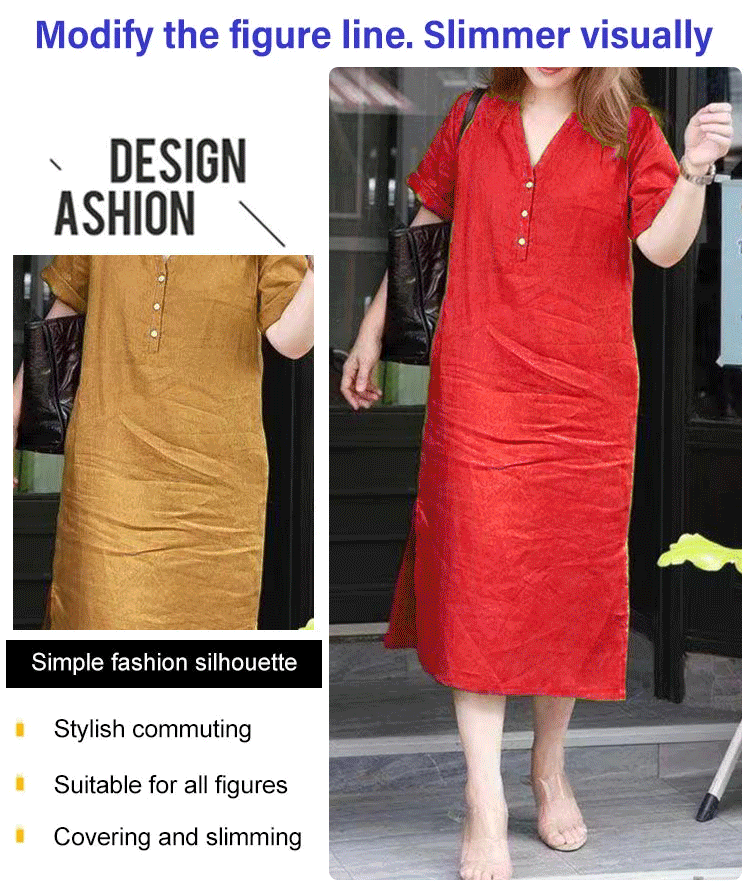 Solid Color Cotton Linen V-neck Dress
