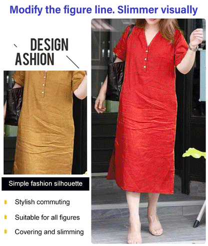 Solid Color Cotton Linen V-neck Dress