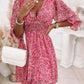 V-Neck Pleated Floral Print Mini Dress