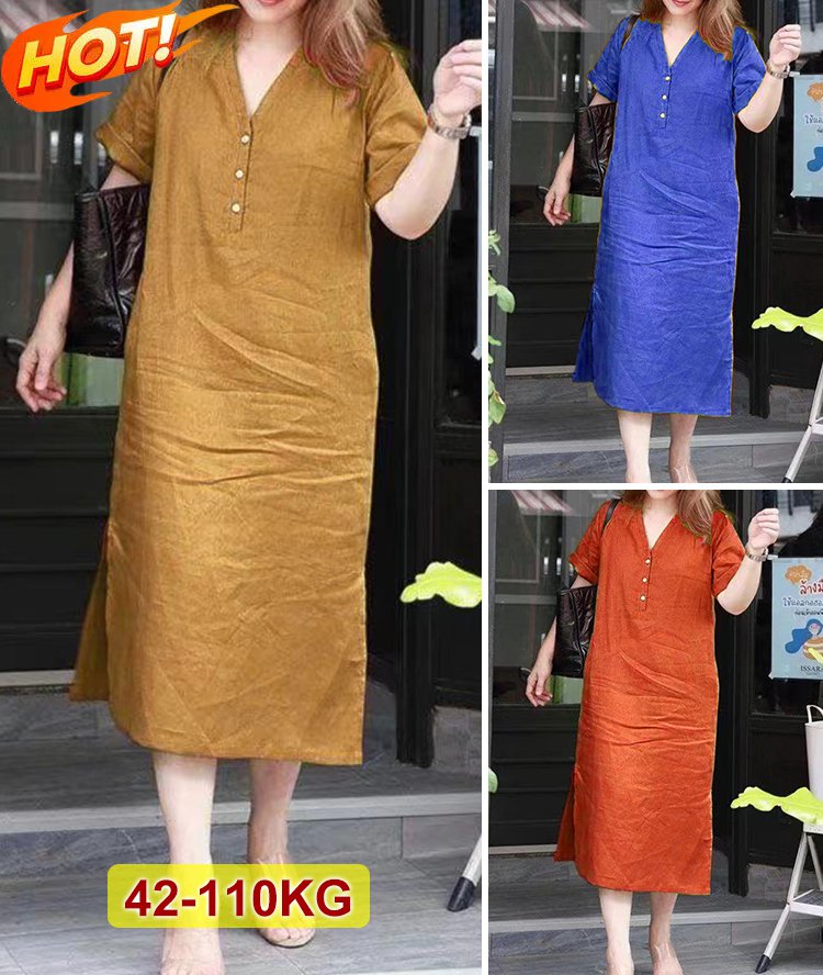 Solid Color Cotton Linen V-neck Dress