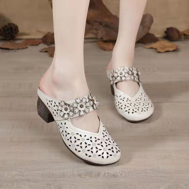 Women’s Casual Outer Wear Leather Sandals Mid-Heel Wedge Heel Hollow Non-Slip Wrap Toe Slippers Shoe