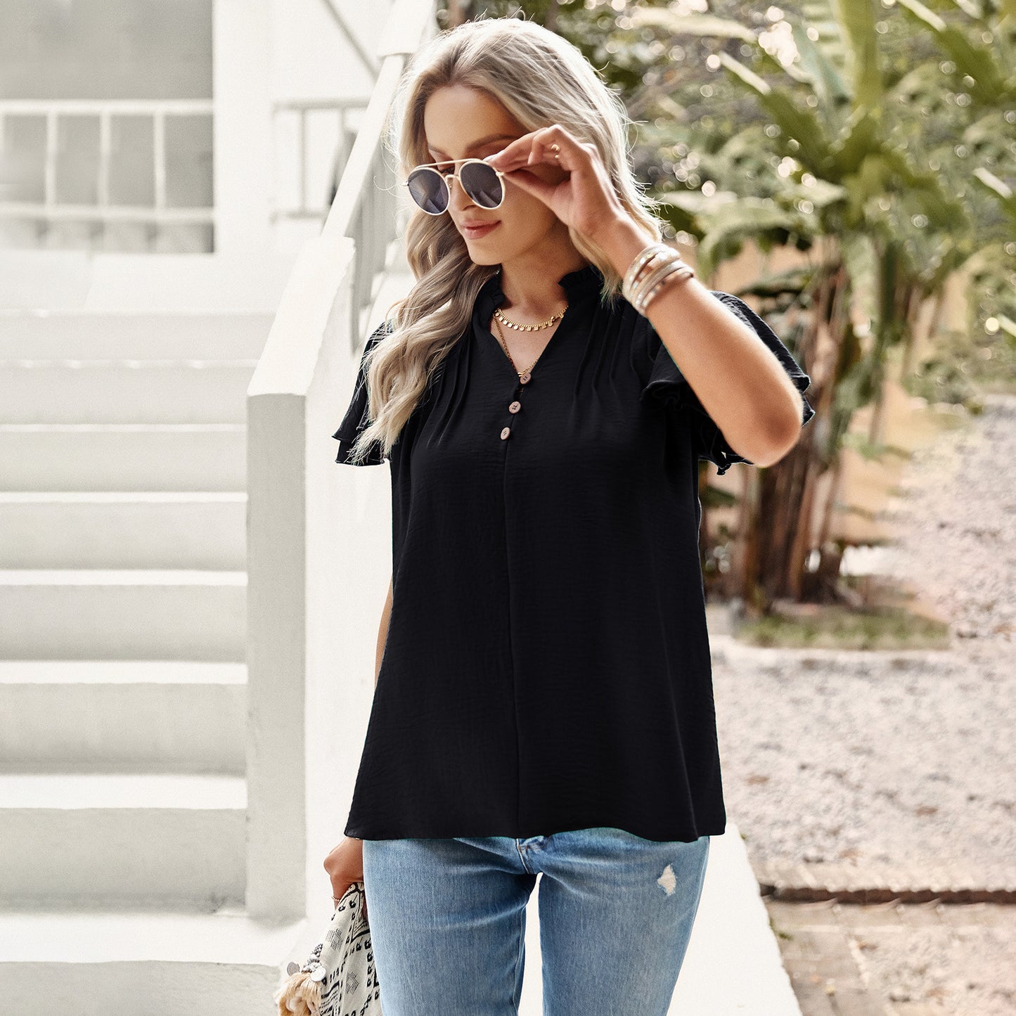 Summer V-neck ruffle short-sleeved shirt