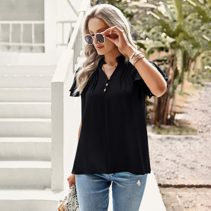 Summer V-neck ruffle short-sleeved shirt