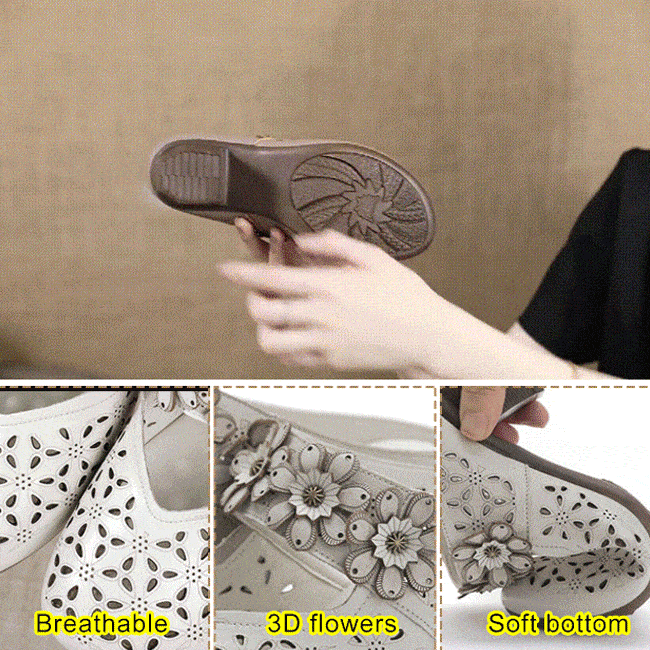 Women’s Casual Outer Wear Leather Sandals Mid-Heel Wedge Heel Hollow Non-Slip Wrap Toe Slippers Shoe